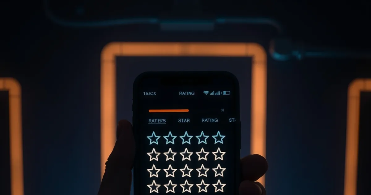 Un téléphone affiche des étoiles d'évaluation répétées de façon suspecte dans une pièce sombre, symbolisant les faux avis en ligne