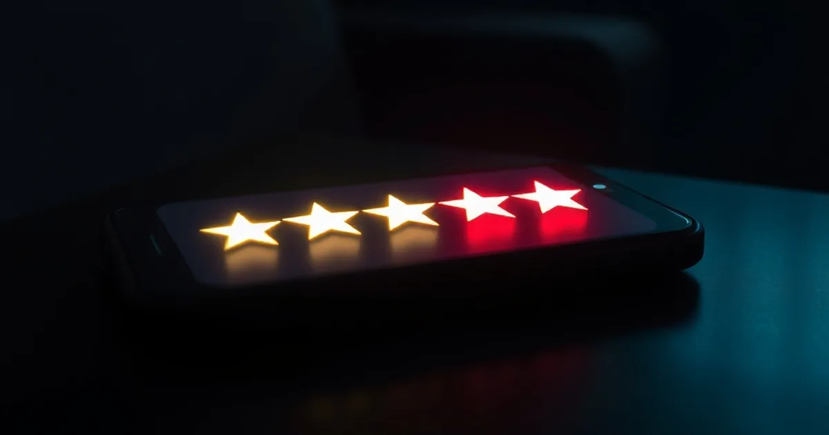 Smartphone dans la pénombre affichant une cascade d'avis 5 étoiles suspects à côté d'une icône de paiement mobile, ambiance sombre et cinématographique.