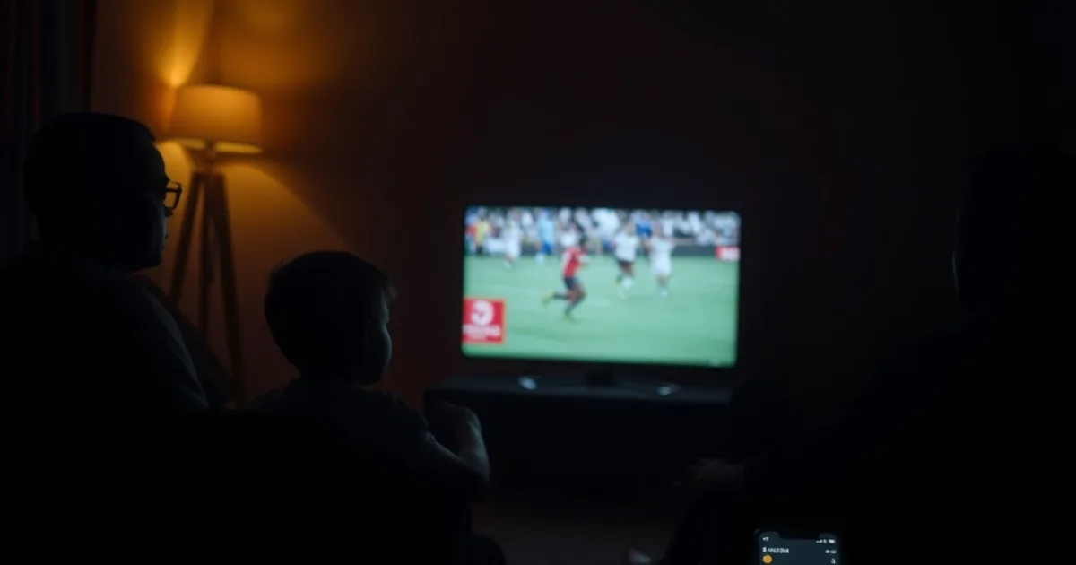 Famille sénégalaise regardant un match de football en soirée dans un salon faiblement éclairé par la télévision