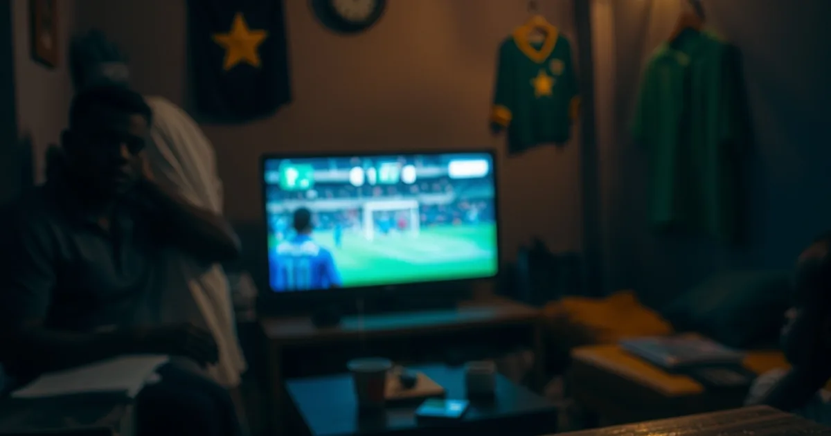 Salon à Dakar de nuit, télévision diffusant un match de football en direct, maillot du Sénégal accroché au mur, téléphone posé sur la table.