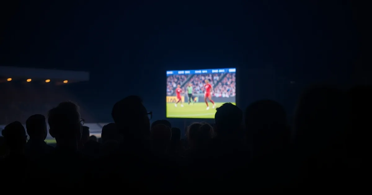 Silhouettes de supporters regardant un match de football féminin en direct sur un écran, dans une ambiance nocturne et cinématique