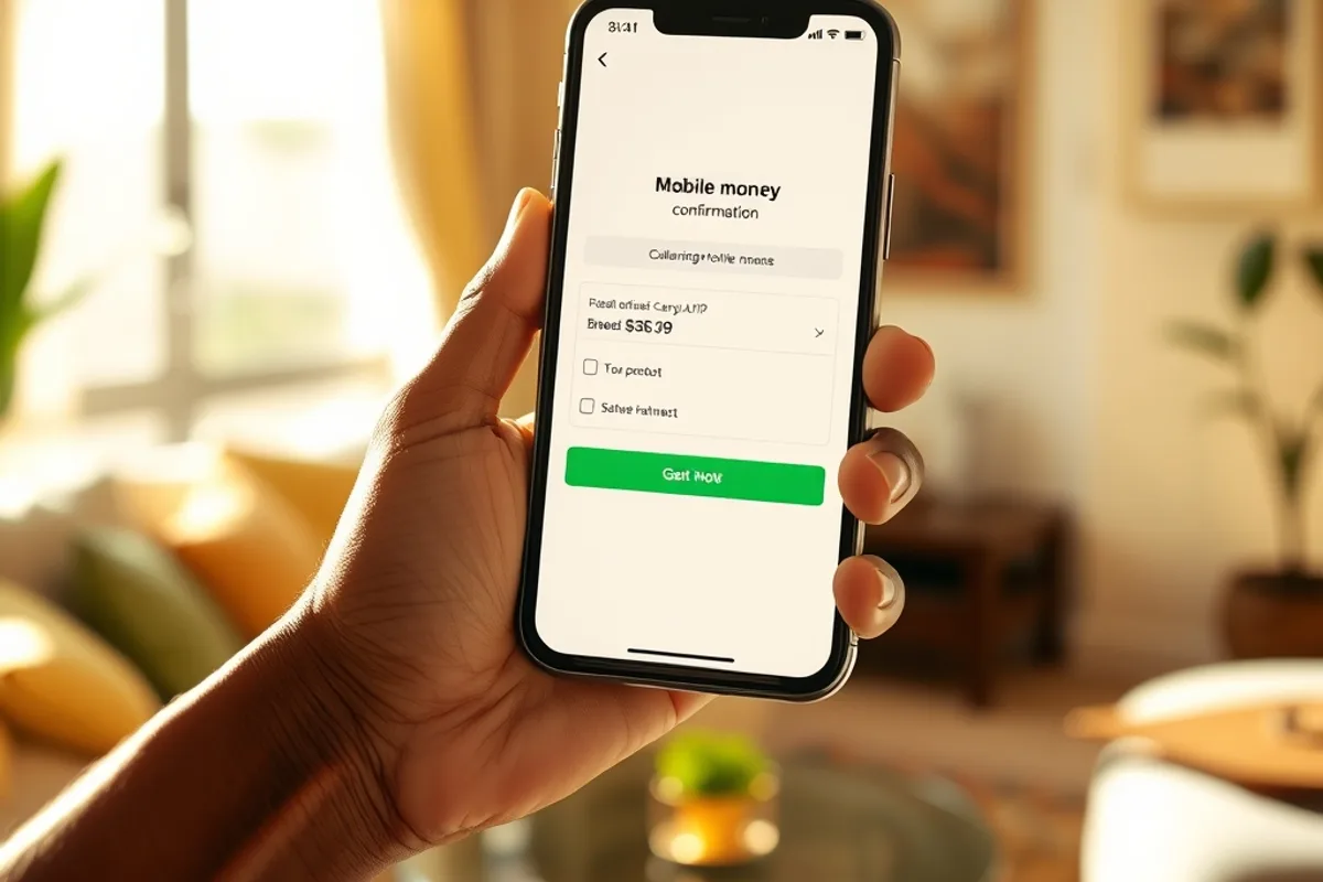 Main tenant un téléphone qui affiche un paiement mobile money en pleine lumière, illustrant le règlement d’un abonnement IPTV par Wave ou Orange Money au Sénégal