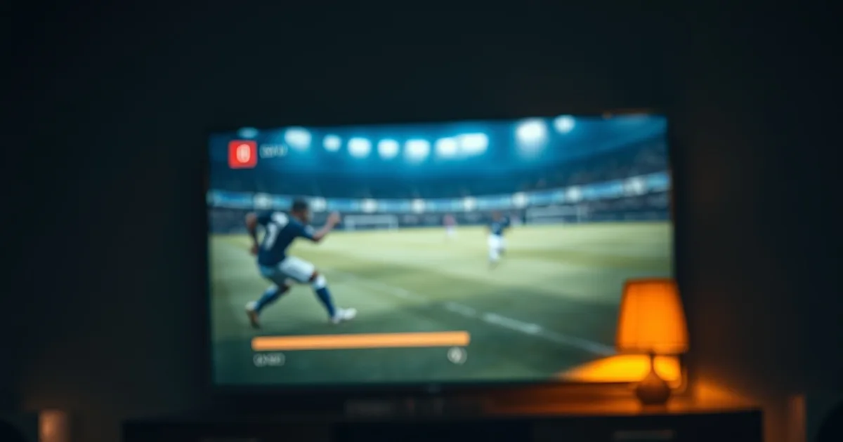 Salon sombre et cinématographique avec un match de football en pause à l'écran, icône d'enregistrement discrète, box Android TV et clé USB au premier plan.