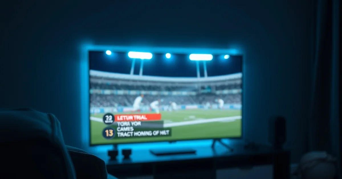 Salon sombre et cinématographique la nuit, écran de télévision allumé avec une diffusion sportive en pause, téléphone posé à côté avec une bulle de discussion lumineuse, télécommande visible, ambiance bleu-sarcelle évoquant un compte à rebours de 24 heures
