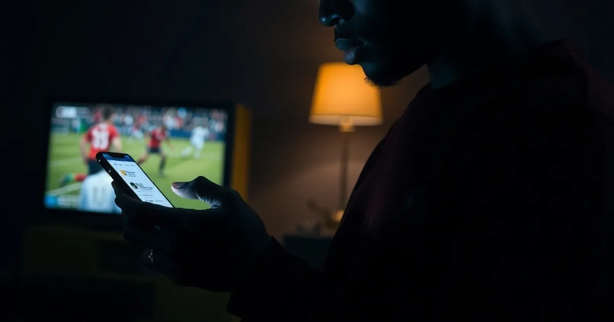 Un homme consulte un forum de questions sur IPTV depuis son téléphone la nuit, avec une télévision allumée en arrière-plan diffusant un match de football.