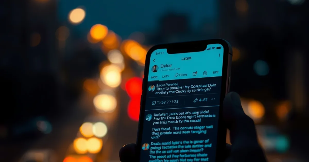 Smartphone affichant un fil de discussion dans la nuit, silhouette d'une ville sénégalaise en arrière-plan