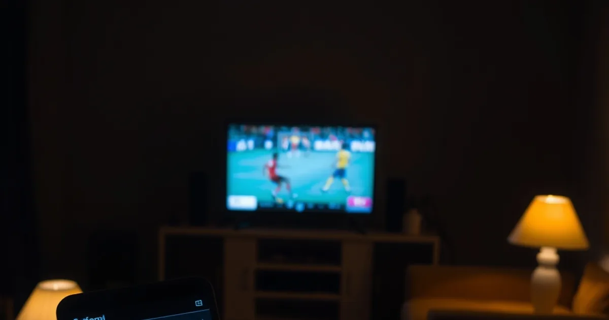 Salon sénégalais dans la pénombre, écran de télévision diffusant un match de football, un téléphone allumé affichant un fil de discussion communautaire à la lumière bleutée