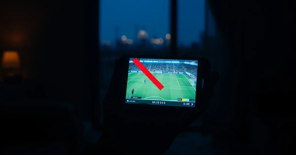 Smartphone affichant un flux IPTV coupé avec un signal de blocage réseau, dans une pièce sombre le soir