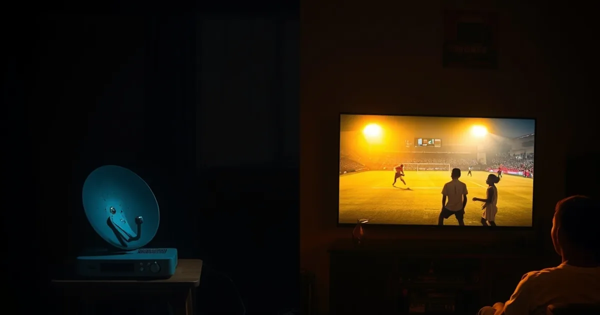 Salon sénégalais de nuit, contraste entre une vieille parabole câble et une télévision connectée diffusant un match de football en direct.