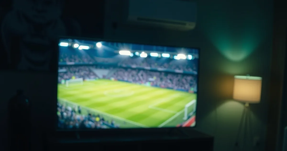 Salon plongé dans la pénombre avec un écran diffusant l'ambiance d'un stade de football, télécommande et téléphone au premier plan