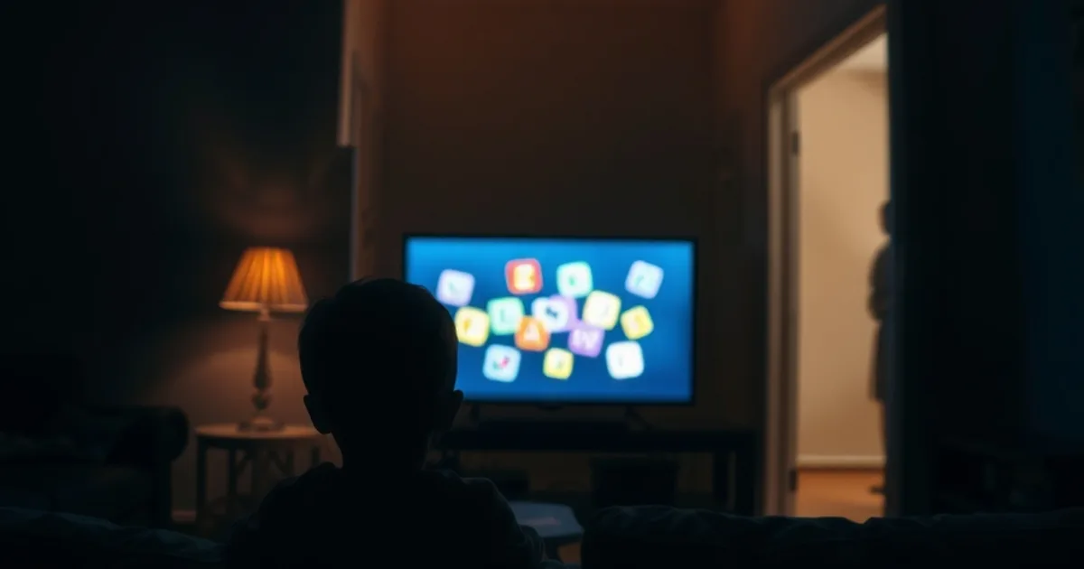 Un enfant regarde la télévision dans un salon sénégalais faiblement éclairé, avec un parent visible en arrière-plan