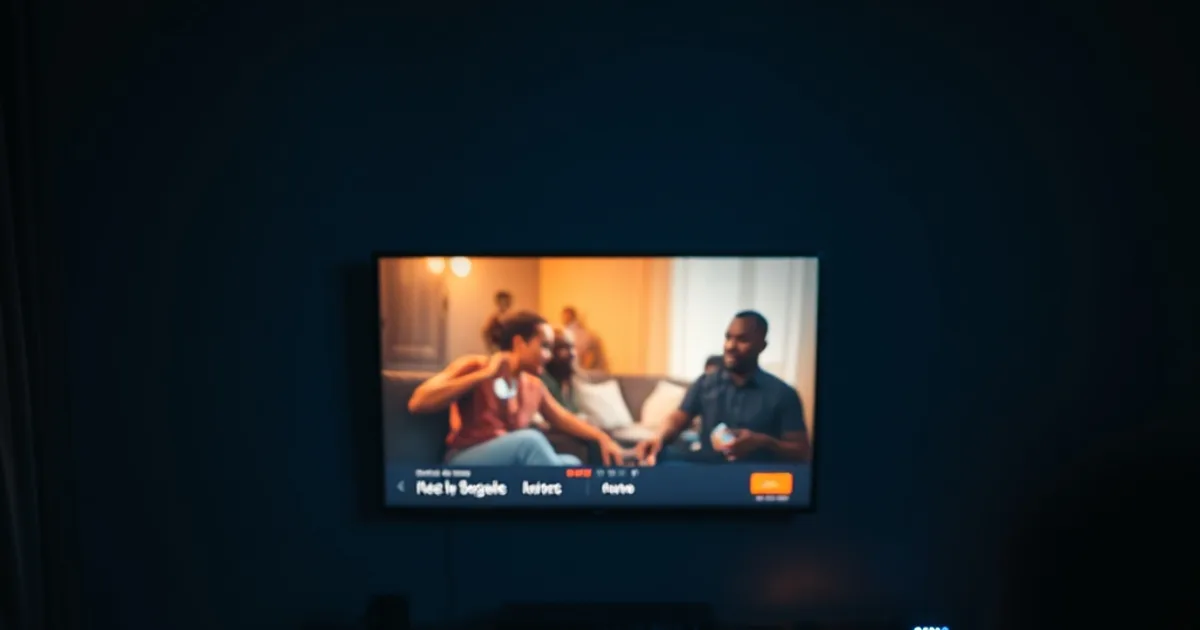 Salon sénégalais de nuit avec trois écrans allumés en même temps : télévision, tablette et smartphone, ambiance sombre et cinématographique