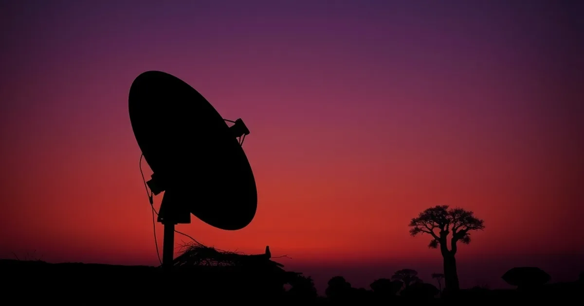 Antenne satellite dressée au crépuscule devant une maison rurale sénégalaise, avec la lueur bleutée d'un écran de télévision visible à travers la fenêtre