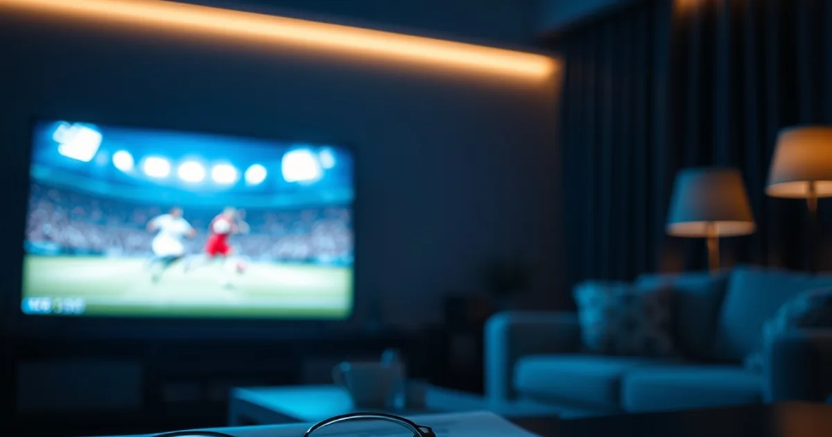 Salon sombre et élégant avec un téléviseur allumé sur un match de football et un document juridique posé au premier plan, ambiance nocturne bleutée