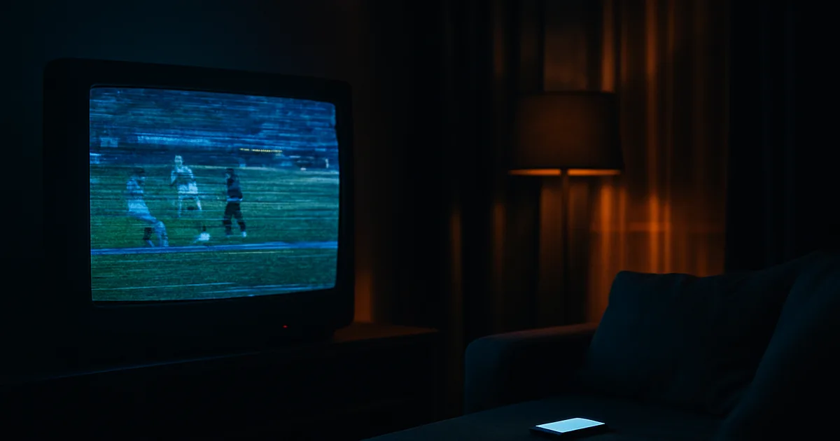 Salon plongé dans le noir avec un écran de télévision figé en pleine diffusion d'un match et un smartphone allumé posé à côté, en solution de secours