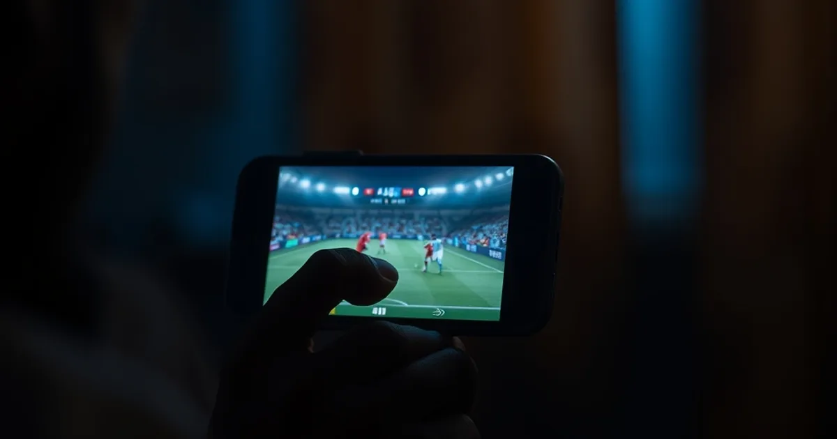 Main tenant un smartphone qui diffuse un match de football en direct dans une pièce sombre, écran lumineux en gros plan