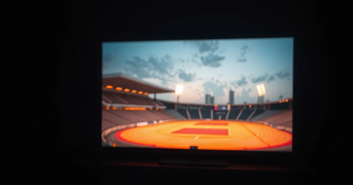 Salon plongé dans le noir, éclairé par un écran de télévision diffusant une piste d'athlétisme illuminée, silhouette de Dakar en arrière-plan nocturne