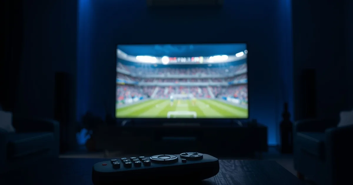Salon plongé dans la pénombre avec un téléviseur allumé diffusant un match de football en direct, ambiance nocturne premium