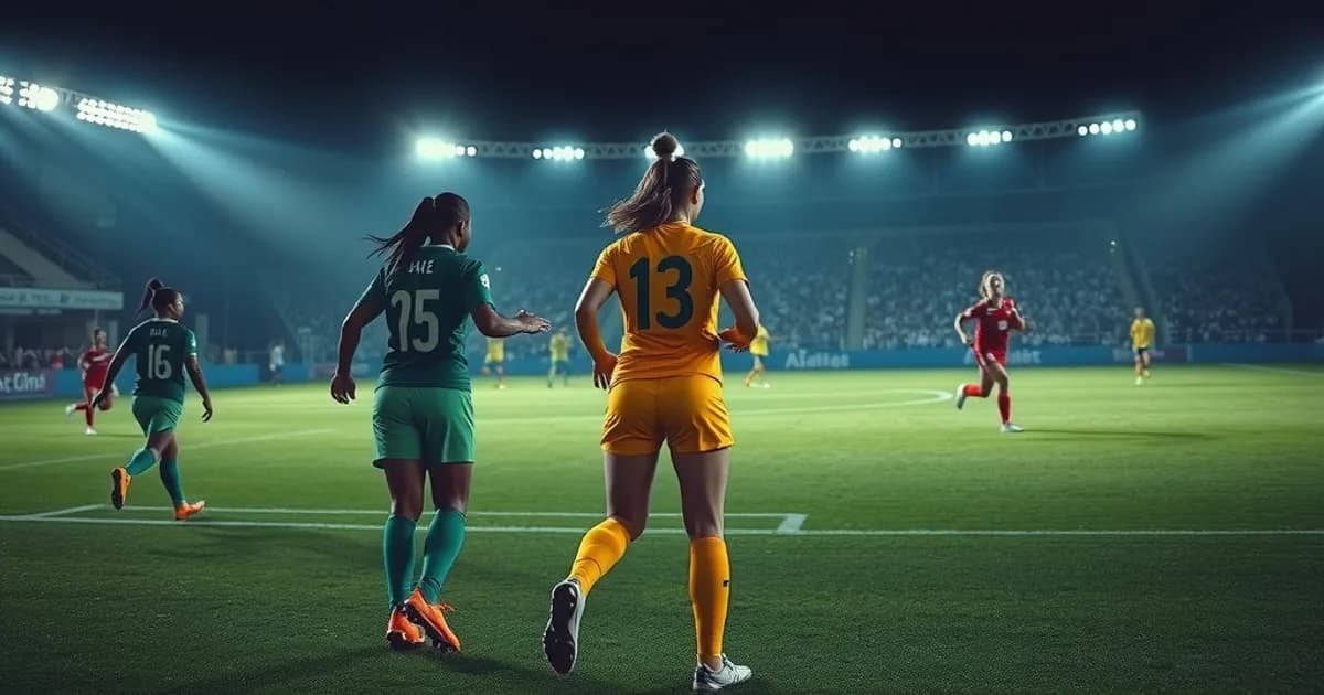 Joueuses de football féminin en action sous les projecteurs d'un stade la nuit, ambiance cinématique aux couleurs vert jaune rouge