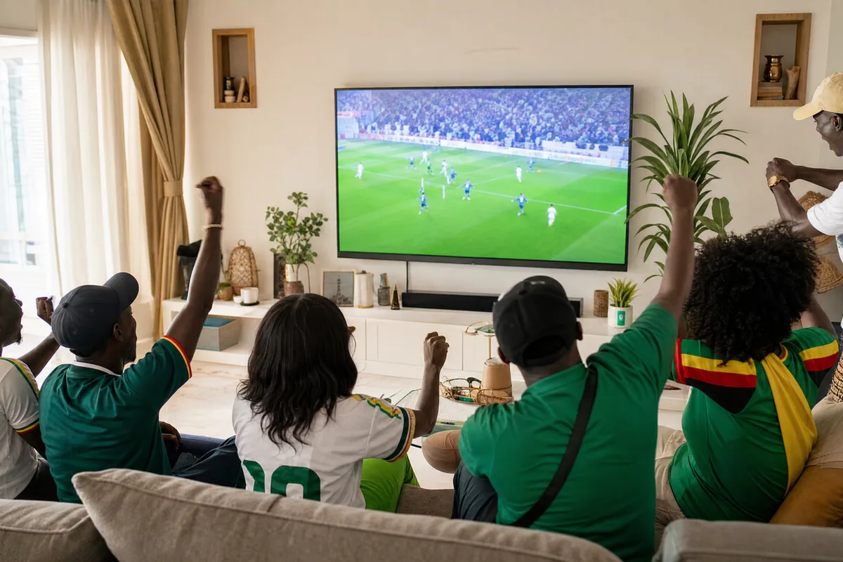 Salon sénégalais clair en journée, des supporters réunis devant un grand téléviseur pour un match de football, ambiance joyeuse autour de l’abonnement IPTV