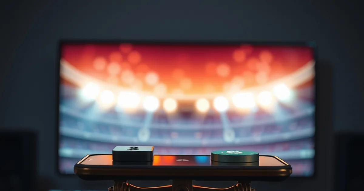 Une balance en équilibre entre deux icônes de paiement mobile lumineuses sur un smartphone, dans une ambiance sombre et cinématographique avec un écran de télévision flou en arrière-plan