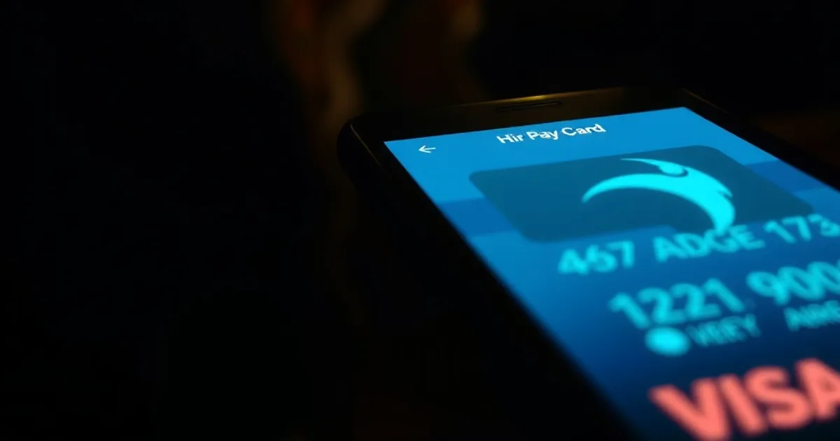Smartphone affichant une carte de paiement virtuelle dans une pièce sombre, ambiance nocturne premium