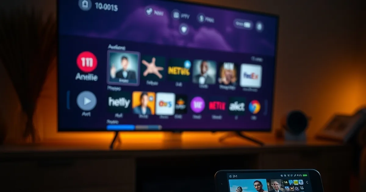 Boîtier Android TV et smartphone affichant des applications IPTV dans un salon sombre et chaleureux