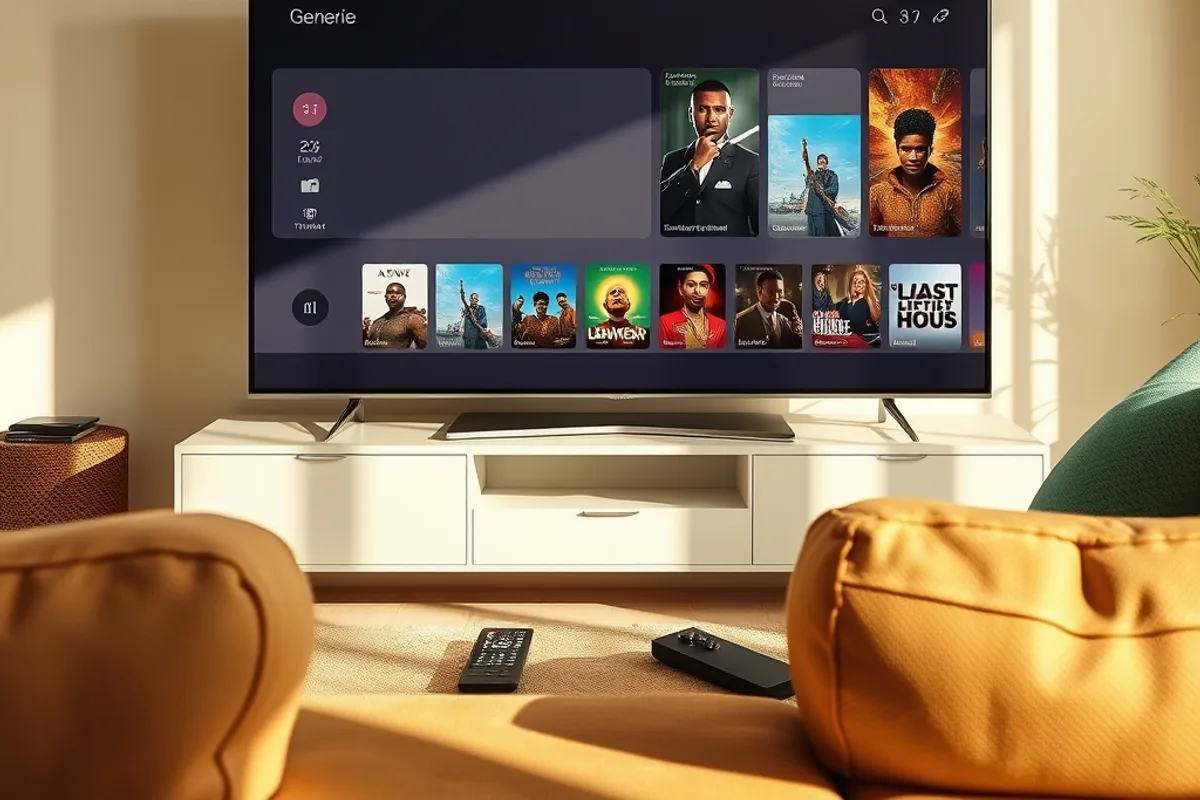 Grand téléviseur dans un salon sénégalais lumineux montrant une grille de chaînes locales et africaines, illustrant un abonnement IPTV tout-en-un
