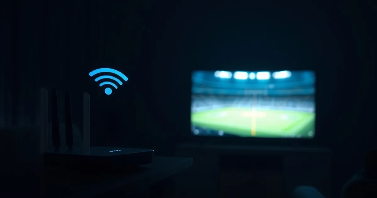 Routeur WiFi lumineux dans un salon sombre avec ondes de signal bleues se propageant vers un téléviseur en arrière-plan